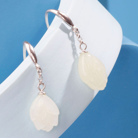 Silver White Jade Floral Earrings