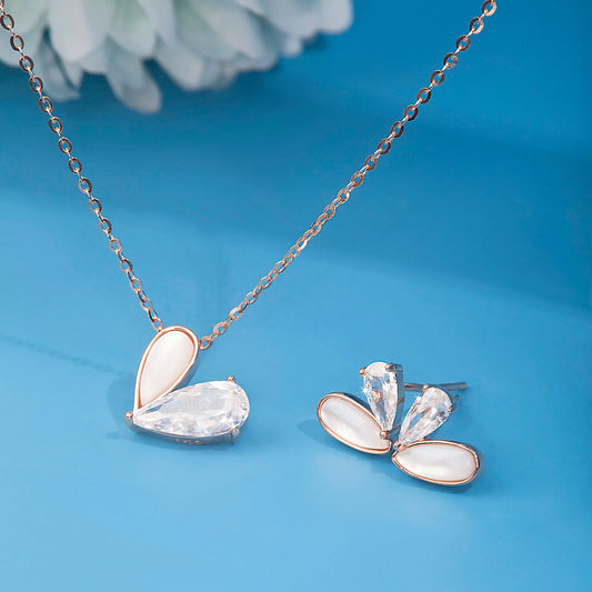 Rose Gold Crystal Stone Heart Pendant Set Silvish