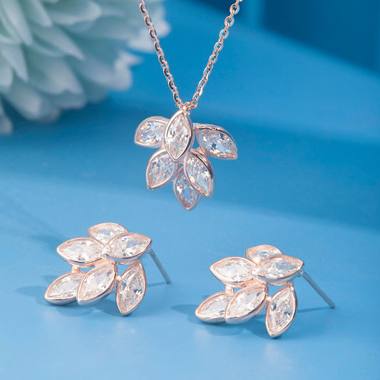 Rose Gold Shimmering Leaf Pendant Set Silvish