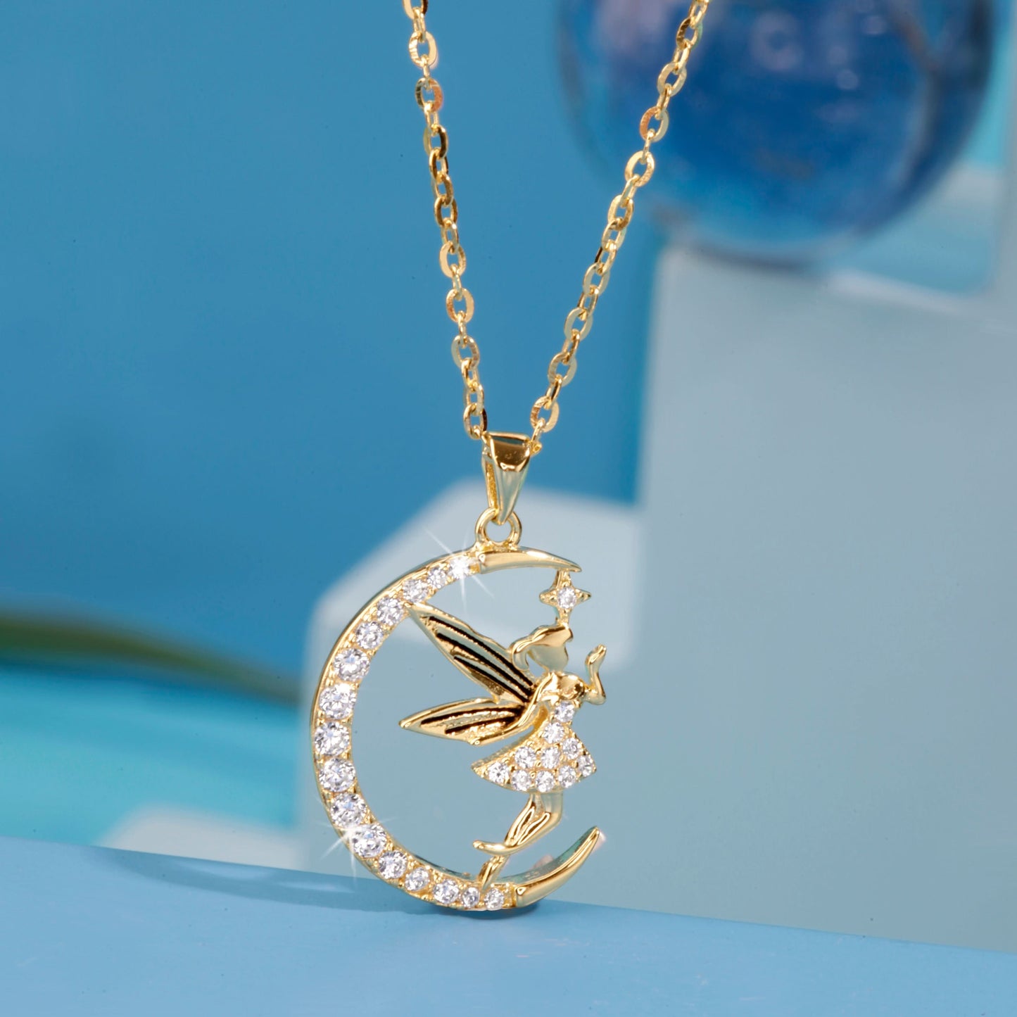Gold Plated Half Moon Zircon Angel Pendant