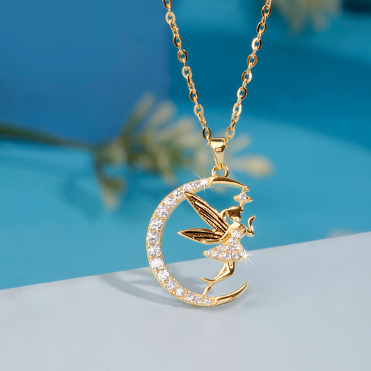 Gold Plated Half Moon Zircon Angel Pendant