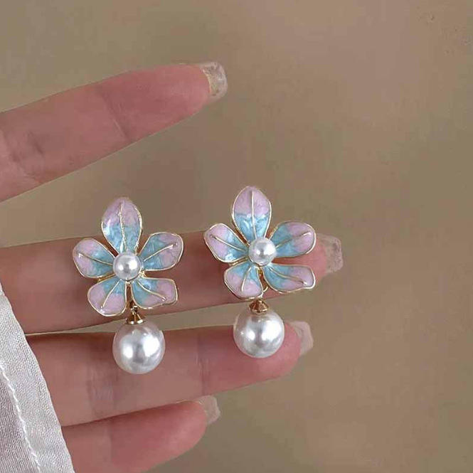 Pink Flower Oil Drop Pearl Stud Earrings