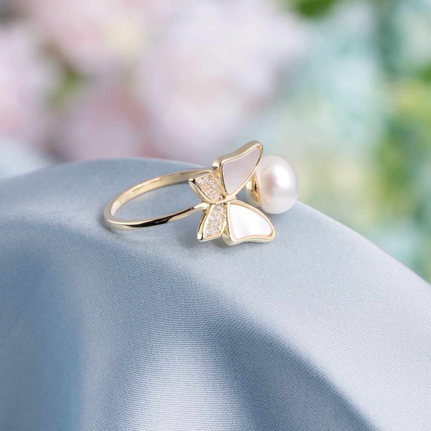 Gold Plated Golden Freshwater Pearl Butterfly Ring