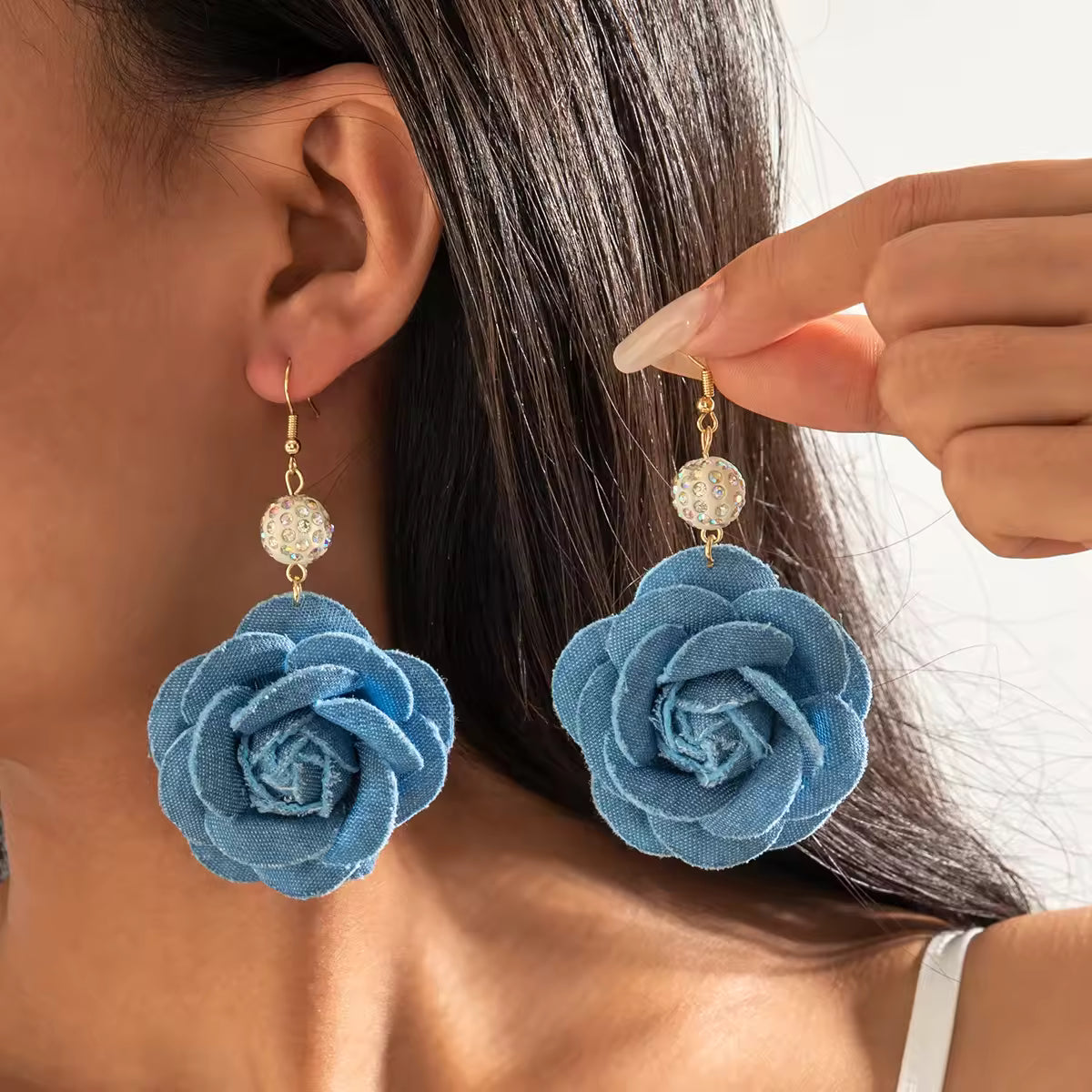 Blue Fabric Rose Drop Earrings with Crystal Stud – Statement Floral Earrings