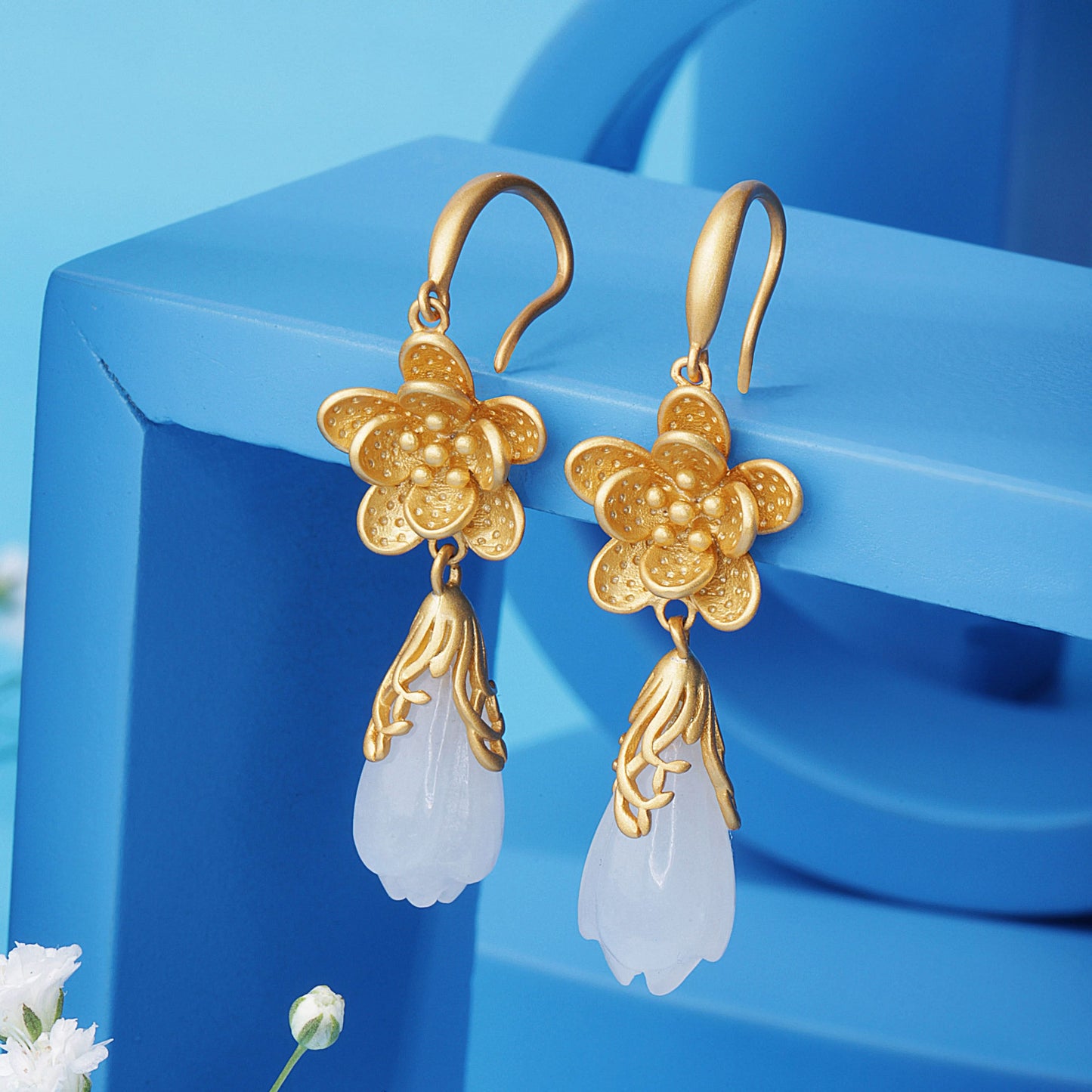 Gold Plated Gilded Plum Blossom Drop Golden Flowers Earrings