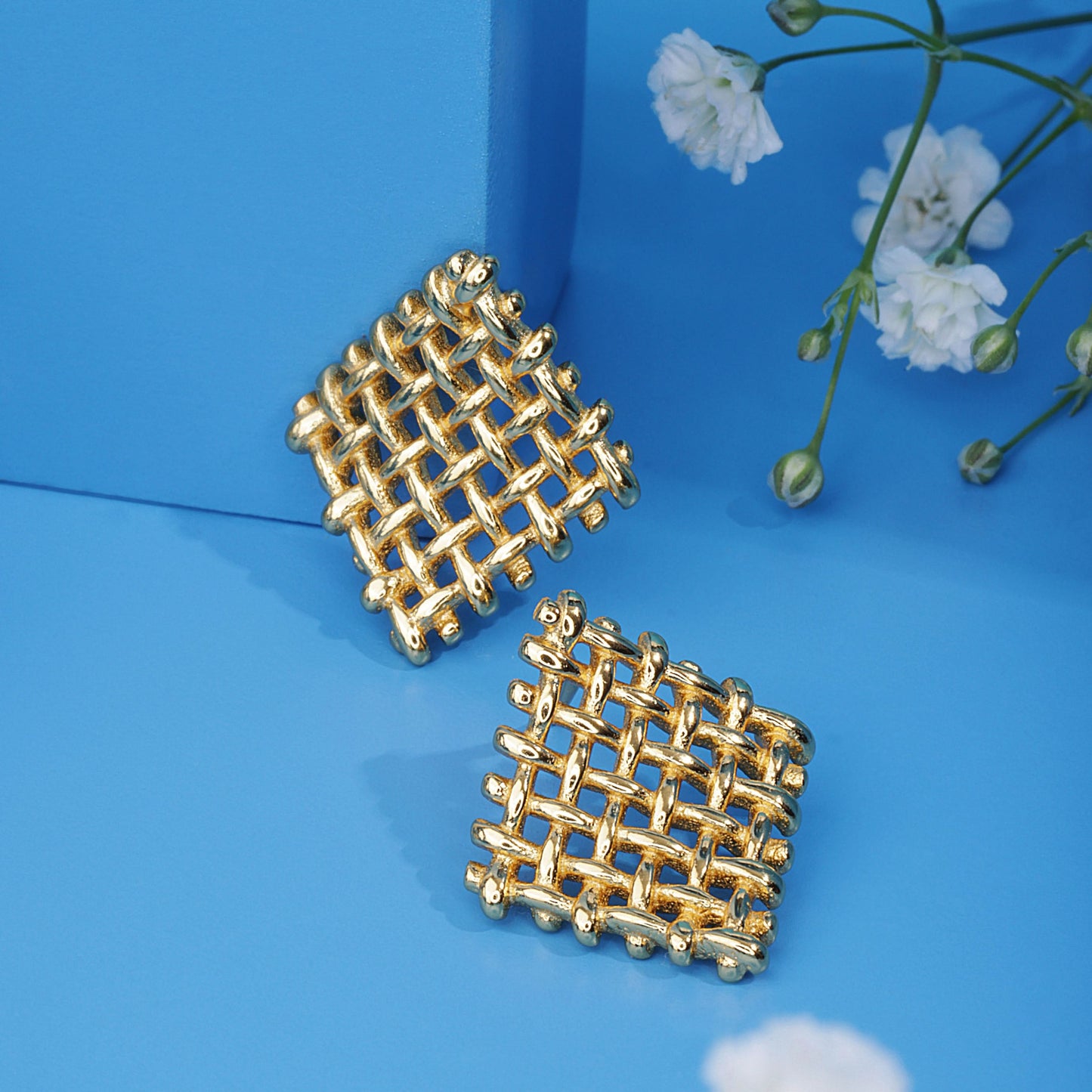 Gold Plated Hollow Square Basket Weave Earrings