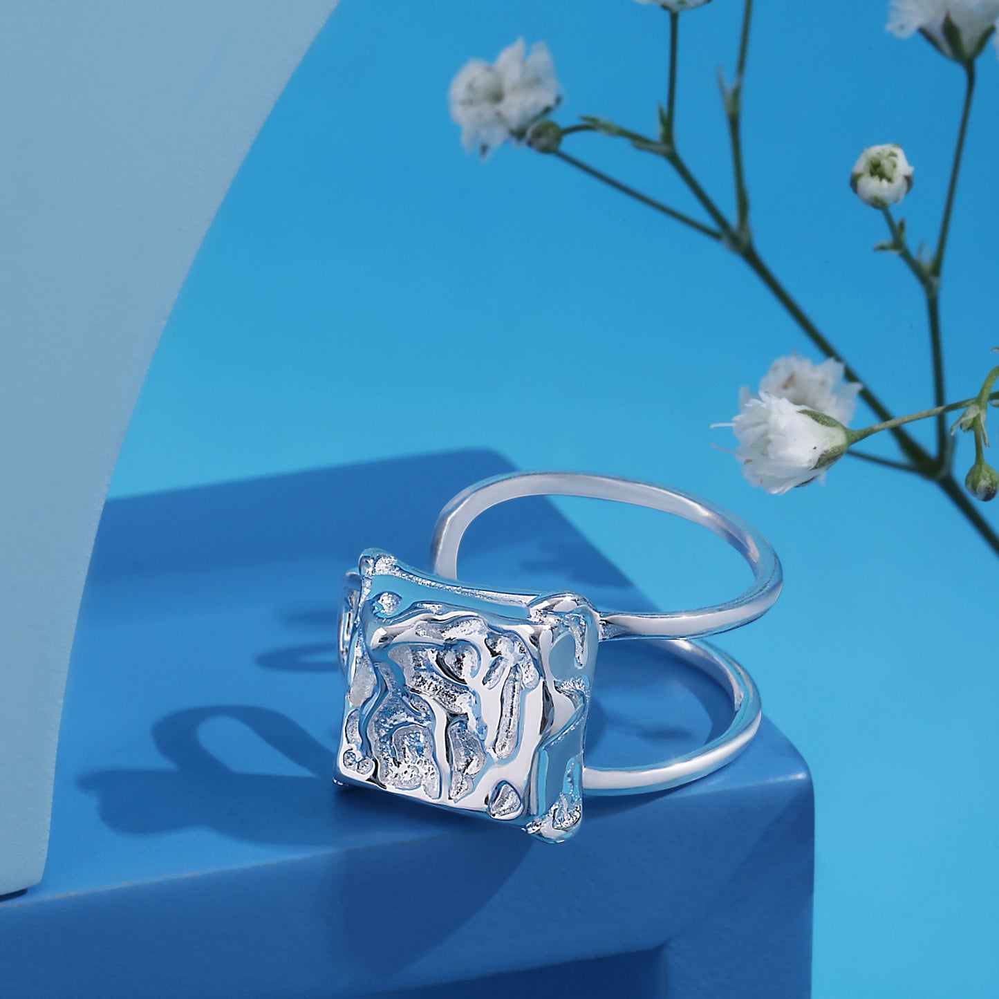 Silver Irregular Frosty Square Lava Ring
