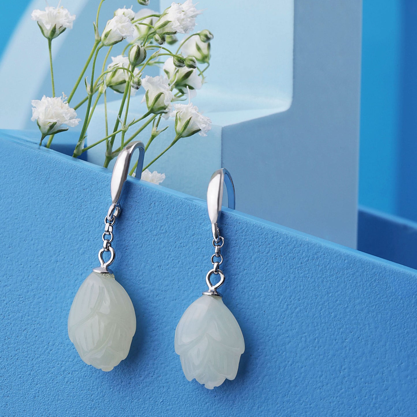 Silver White Jade Floral Earrings