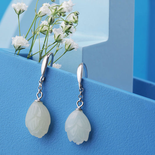 Silver White Jade Floral Earrings
