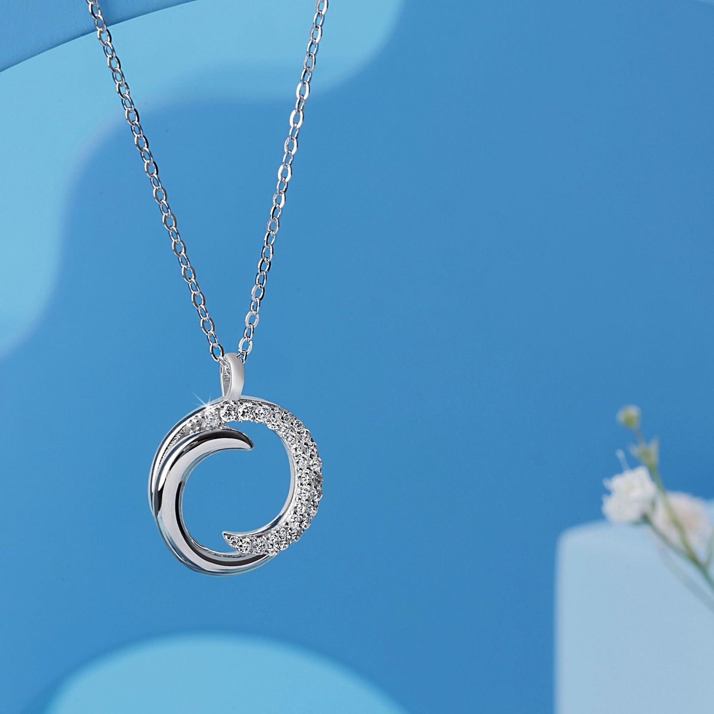Silver Cubic Zirconia Crescent Moon Pendant