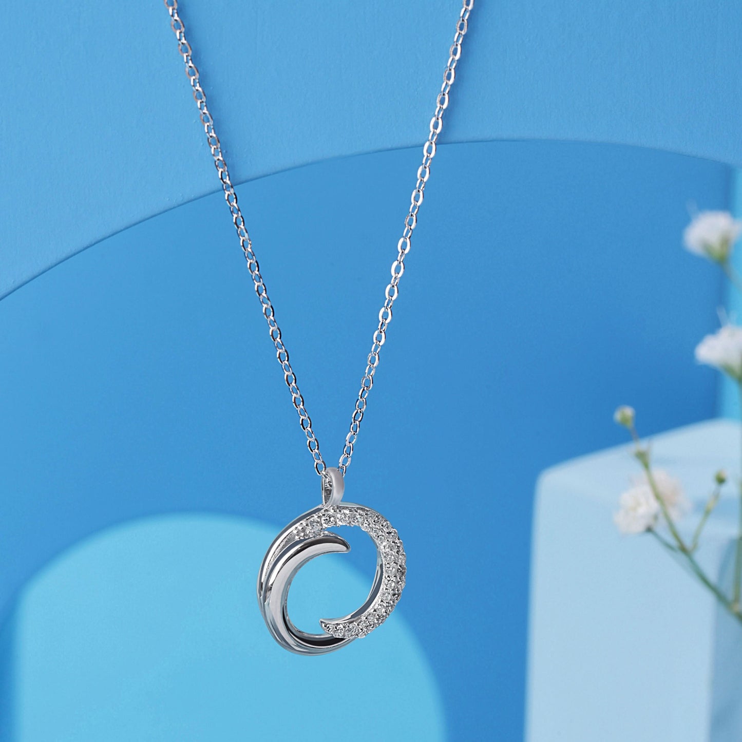 Silver Cubic Zirconia Crescent Moon Pendant