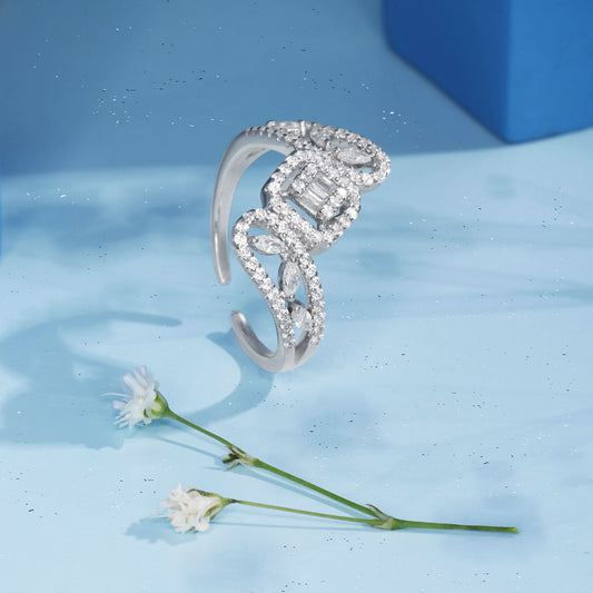 Silver Open Square White Stone Ring