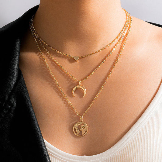Layered Gold Necklace Set with Heart, Crescent Moon & World Charm Hunan Haoyi Gift Co., Ltd.