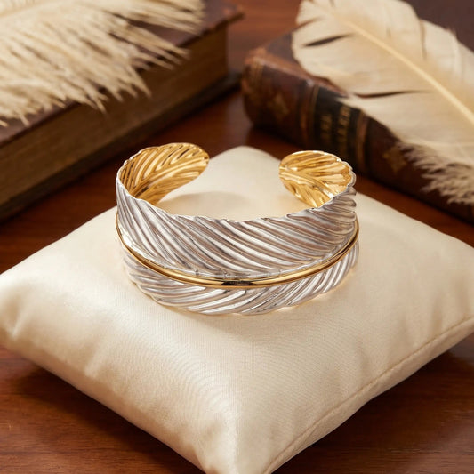 Dual-Tone Leaf Textured Cuff Bangle Yiwu Baochai E-Commerce Firm