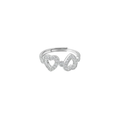Silver Double Heart Outline Adjustable Ring
