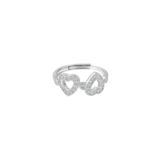 Silver Double Heart Outline Adjustable Ring