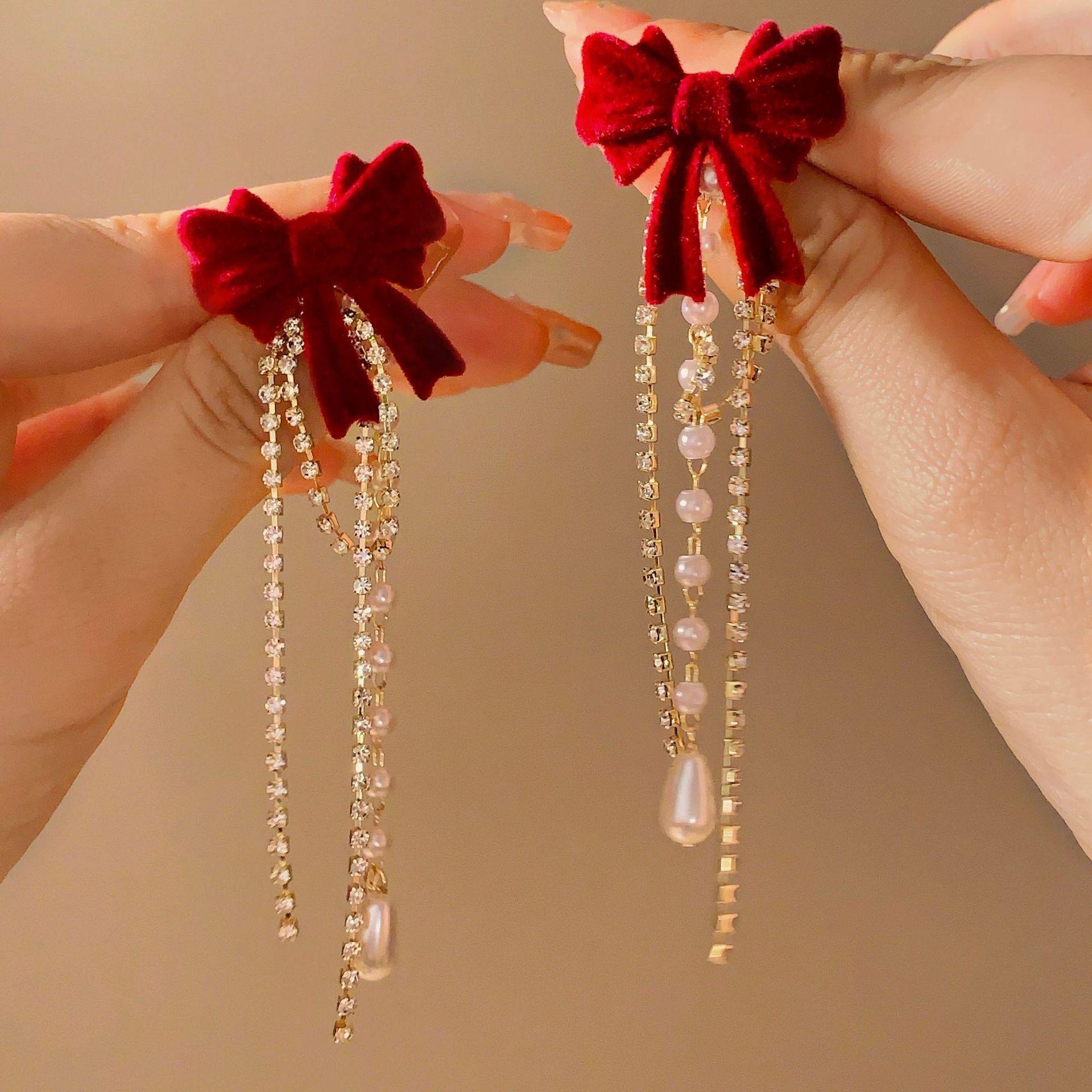 Red Velvet Bow Tassel Earrings with Pearl Drops Yiwu Zhuchai E-Commerce Firm