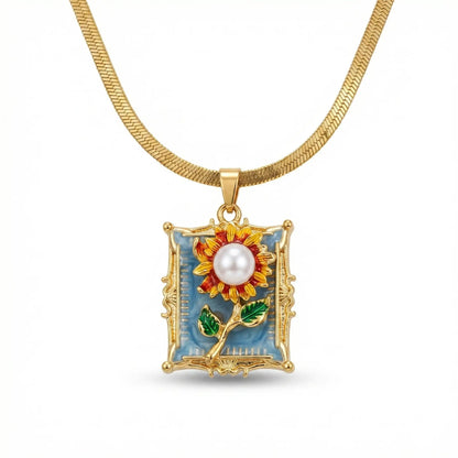 Gold Flat Chain Necklace with Floral Pearl Pendant Hunan Haoyi Gift Co., Ltd.