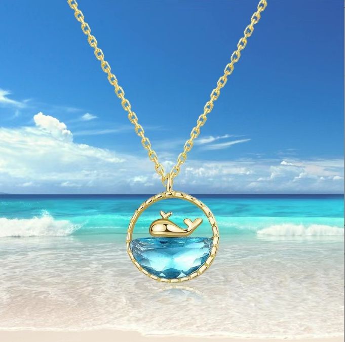 Ocean Whale Pendant Necklace with Blue Crystal
