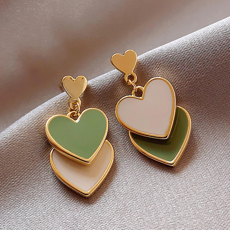 Layered Heart Drop Earrings in Green & White Yiwu Baochai E-Commerce Firm
