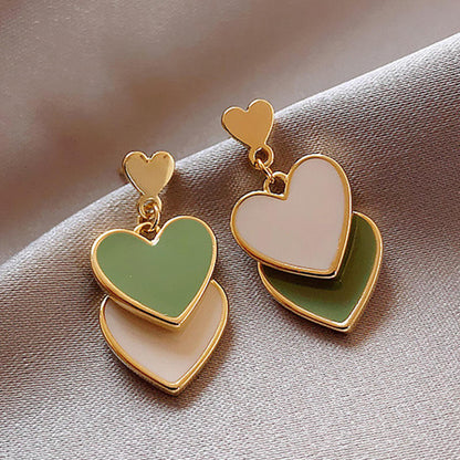 Layered Heart Drop Earrings in Green & White Yiwu Baochai E-Commerce Firm