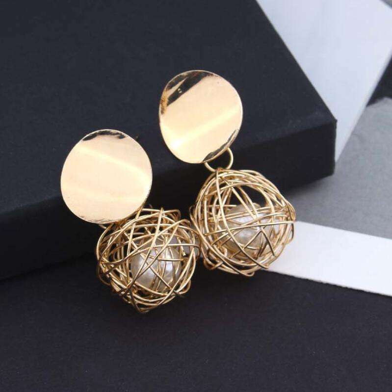 Gold Wire Ball Drop Earrings with Pearl Center Yiwu Baochai E-Commerce Firm