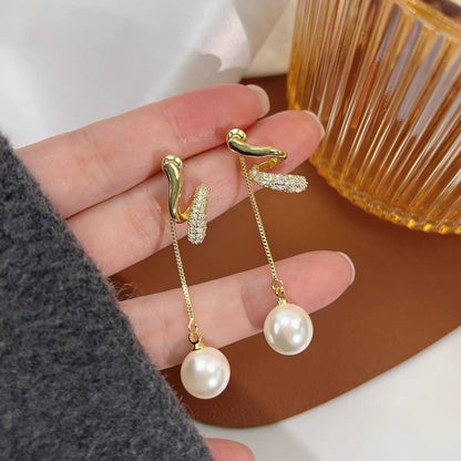 Gold Abstract Chain Drop Earrings with Pearl Yiwu Baochai E-Commerce Firm