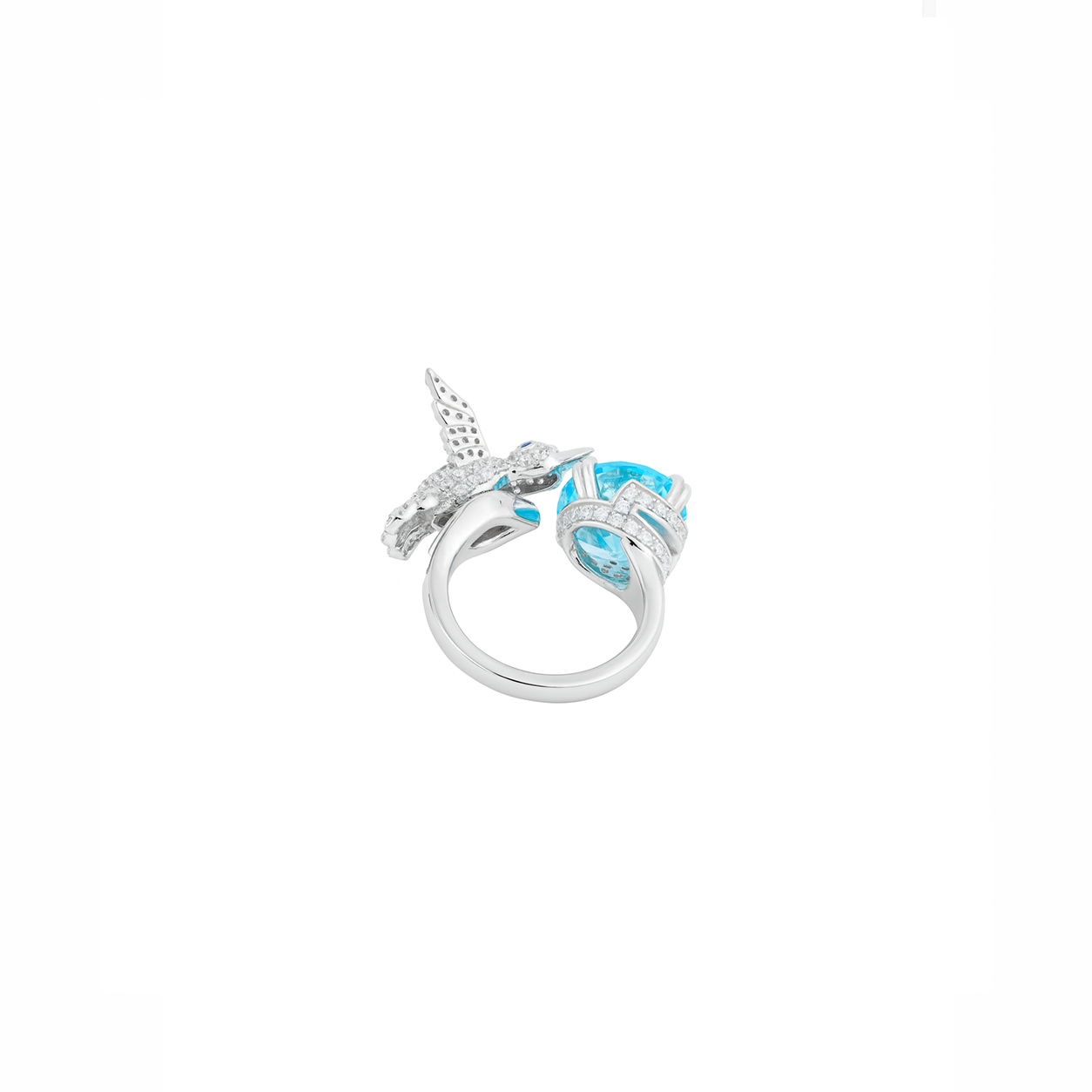 Silver Hummingbird Open Blue Gem Ring