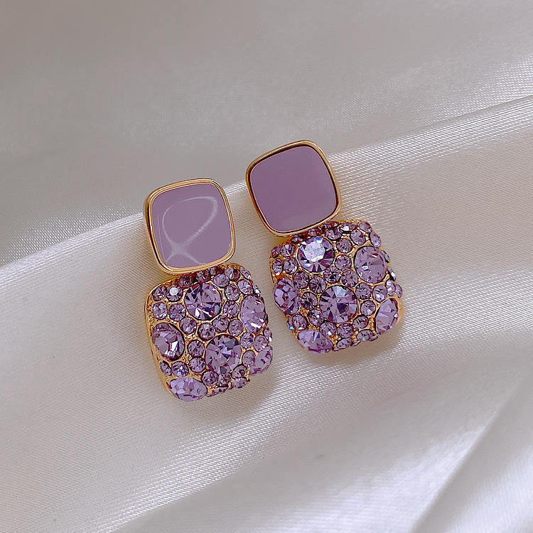 Purple Square Crystal Earrings for Women Yiwu Baochai E-Commerce Firm