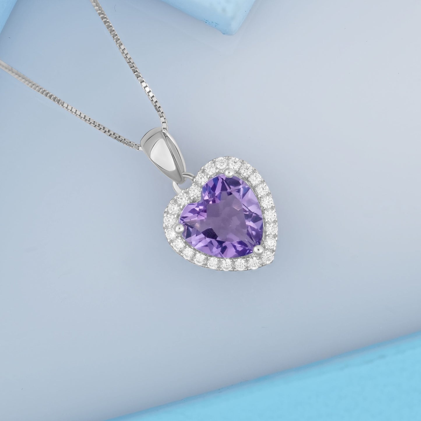 Silver Purple Gem Heart Pendant Charm with Chain