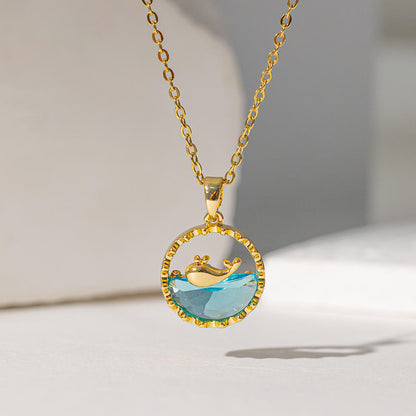 Ocean Whale Pendant Necklace with Blue Crystal