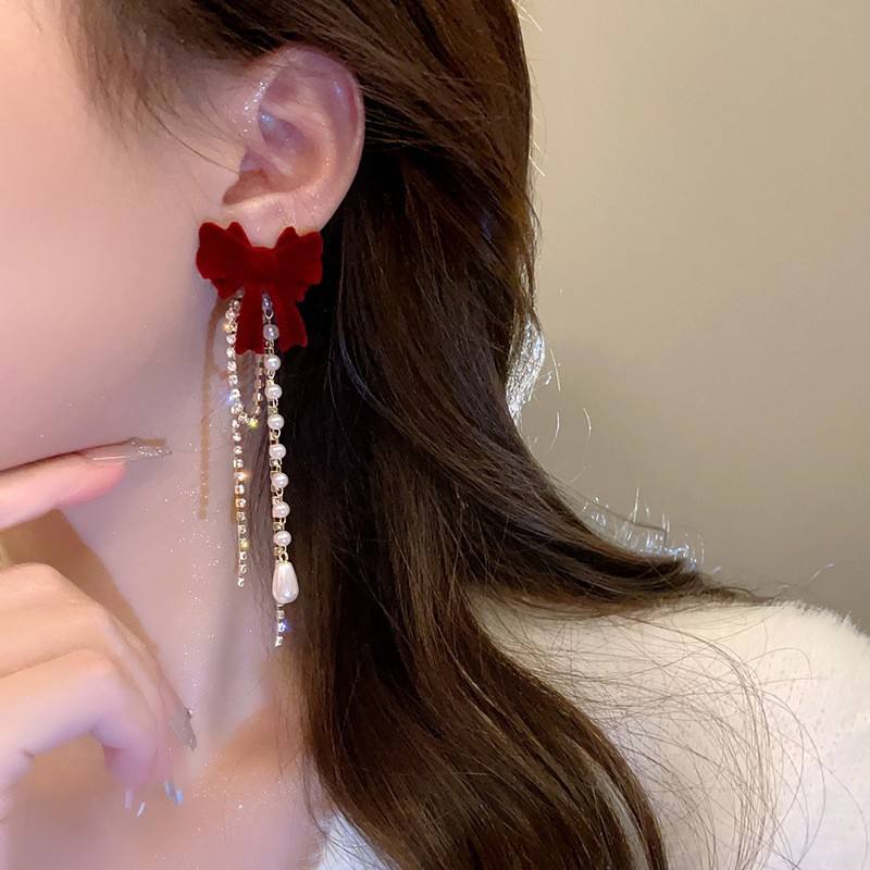 Red Velvet Bow Tassel Earrings with Pearl Drops Yiwu Zhuchai E-Commerce Firm