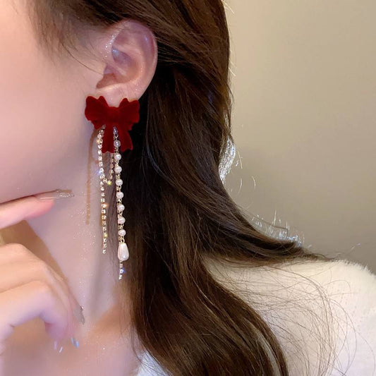Red Velvet Bow Tassel Earrings with Pearl Drops Yiwu Zhuchai E-Commerce Firm