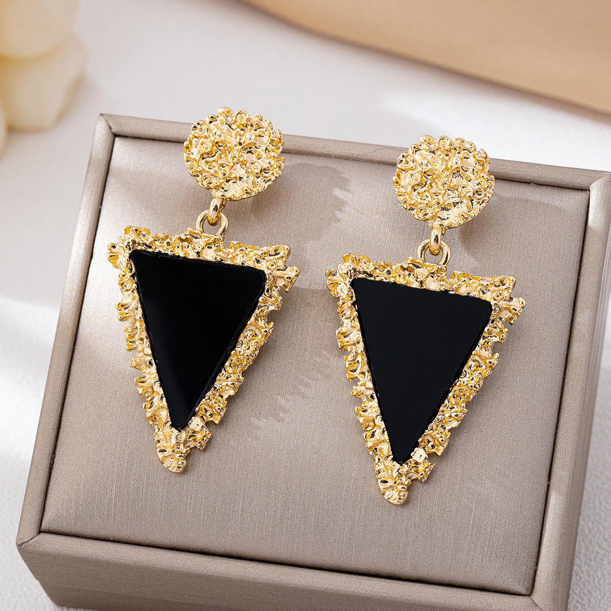 Black Triangle Drop Earrings with Gold Textured Stud Hunan Haoyi Gift Co., Ltd.