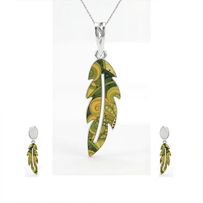 Emerald Breeze Feather Pendant & Earring Set (925 Sterling Silver) Silvish