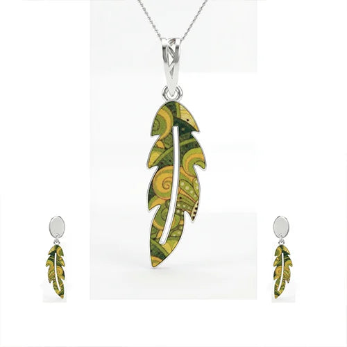 Emerald Breeze Feather Pendant & Earring Set (925 Sterling Silver)