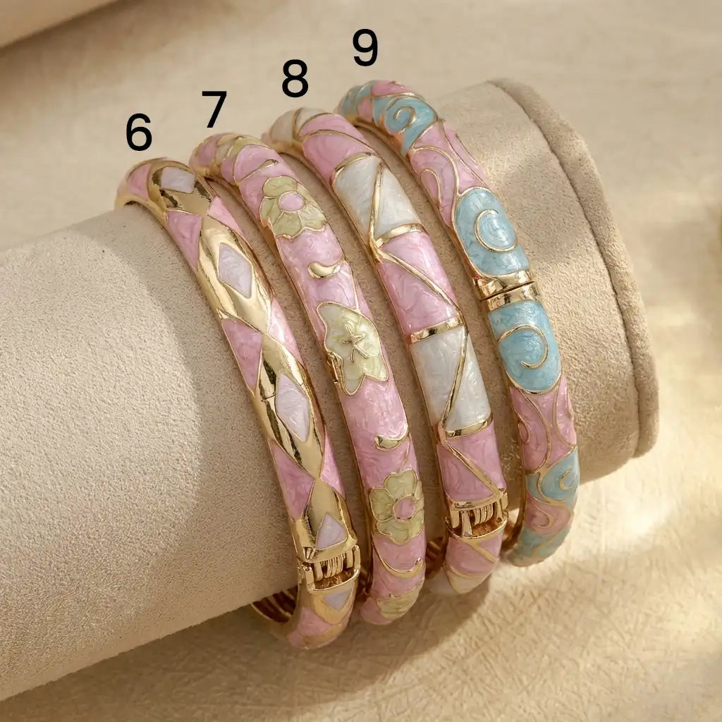 Pastel Pink Enamel Floral Gold Bangle (openable)