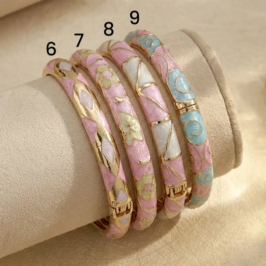 Pastel Pink Enamel Floral Gold Bangle (openable)