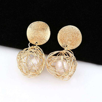 Gold Wire Ball Drop Earrings with Pearl Center Yiwu Baochai E-Commerce Firm