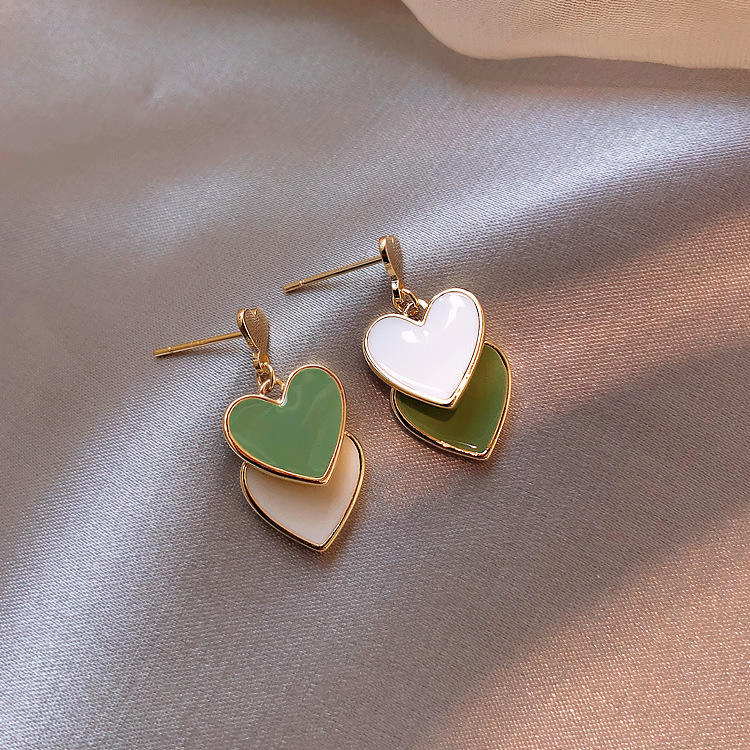 Layered Heart Drop Earrings in Green & White Yiwu Baochai E-Commerce Firm