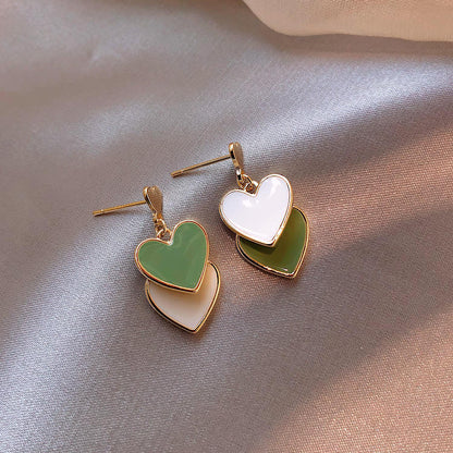 Layered Heart Drop Earrings in Green & White Yiwu Baochai E-Commerce Firm