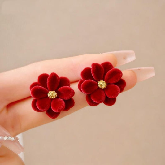 Red Velvet Flower Stud Earrings Yiwu Baochai E-Commerce Firm