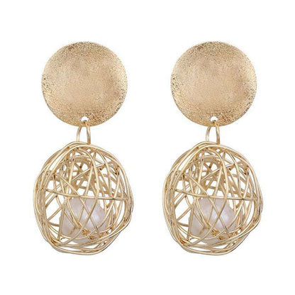 Gold Wire Ball Drop Earrings with Pearl Center Yiwu Baochai E-Commerce Firm