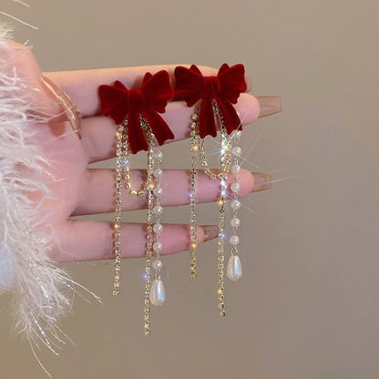 Red Velvet Bow Tassel Earrings with Pearl Drops Yiwu Zhuchai E-Commerce Firm