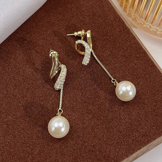 Gold Abstract Chain Drop Earrings with Pearl Yiwu Baochai E-Commerce Firm