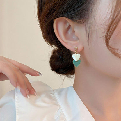 Layered Heart Drop Earrings in Green & White Yiwu Baochai E-Commerce Firm