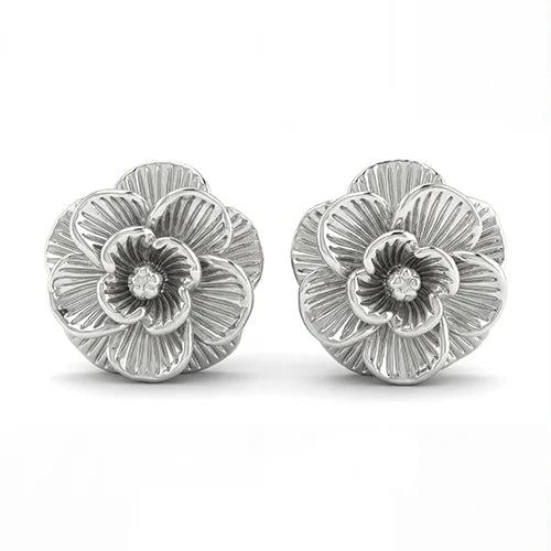 Silver Camellia Flower Stud Earrings. (925 Sterling Silver) Silvish