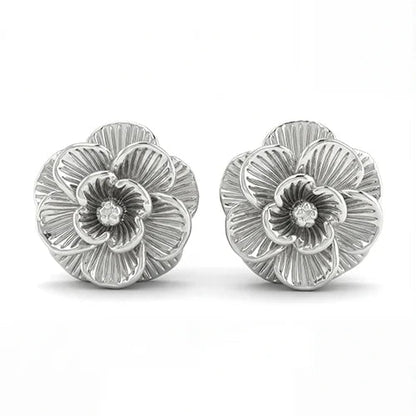 Silver Camellia Flower Stud Earrings. (925 Sterling Silver) Silvish