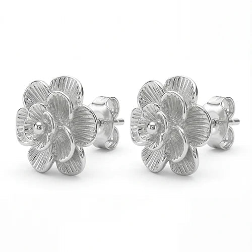 Silver Camellia Flower Stud Earrings. (925 Sterling Silver) Silvish