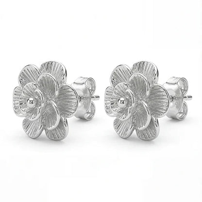Silver Camellia Flower Stud Earrings. (925 Sterling Silver) Silvish